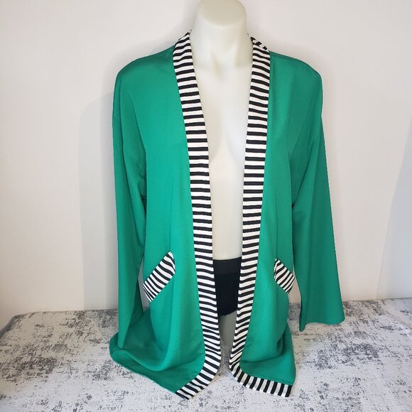 Lux Vintage PODIUM Paris Sheer Deep Green w Black + White Strip Trim Robe - Picture 1 of 12